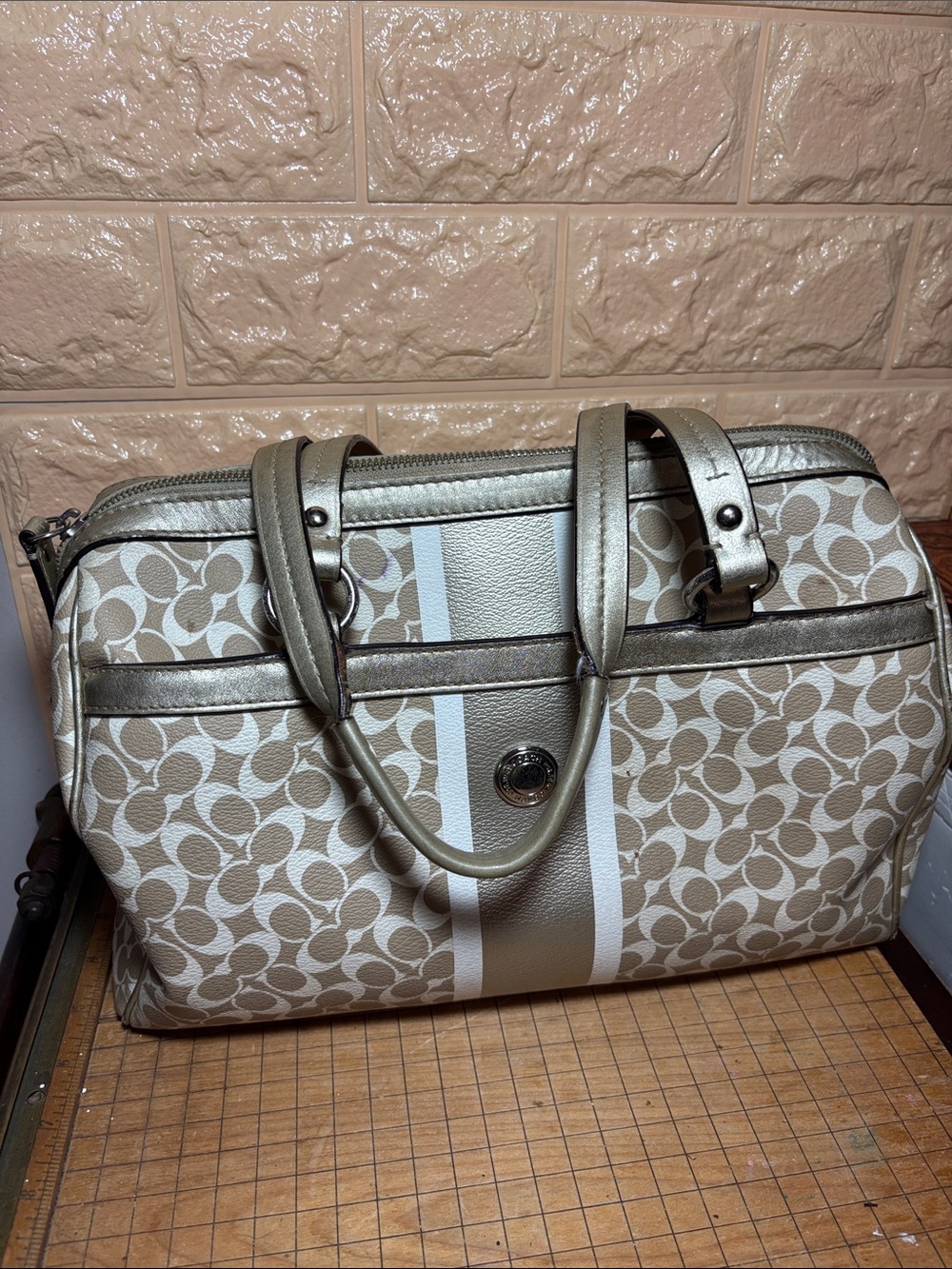 Coach Chelsea Heritage Signature Stripe Satchel Bag in Light Khaki and Silver - Picture 17 of 17